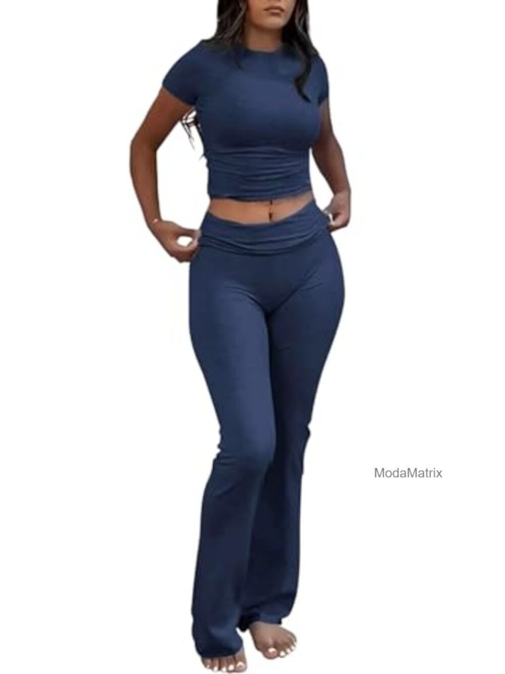 Womens 2 Piece Lounge Set Low Rise Flare Leggings Short Sleeve Top Stretchy Soft